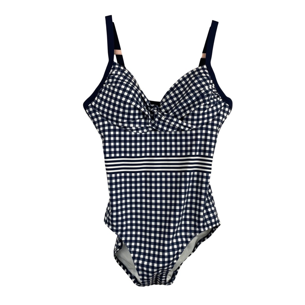 Draper James x Lands End Navy Gingham One Piece Swimsuit 6 Sweetheart Twist‎ NEW